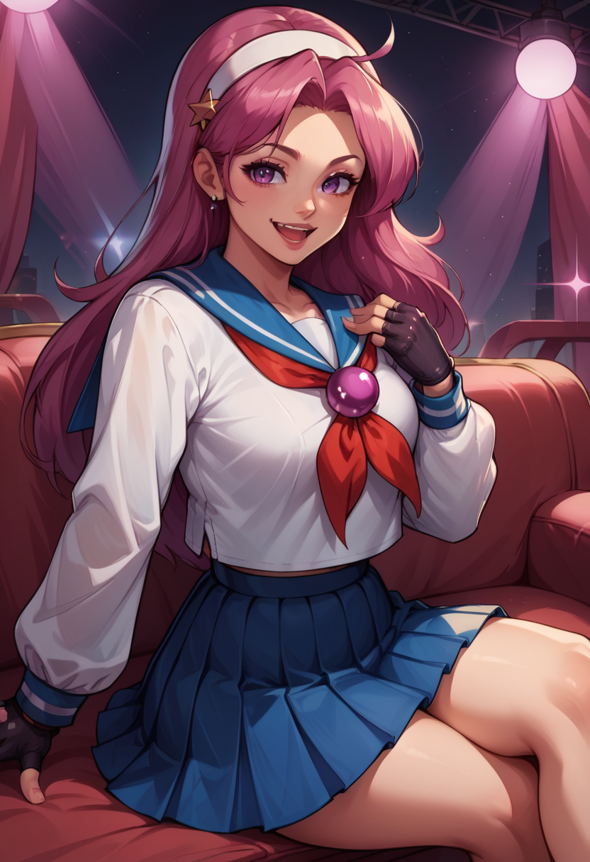 score_9, score_8_up, score_7_up, score_6_up, source_anime BREAK <lora:AthenaKOFXIII:0.8>, AthenaKOFXIII, pink hair, white hairband, serafuku, pearl (gemstone), blue pleated skirt, fingerless gloves,  sitting, thighs, crossed legs, purple eyes, looking at viewer, smile, pink stage lights, couch, close-up, open mouth, hand on own chest,