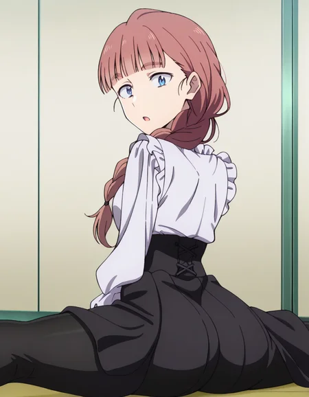 masterpiece, best quality, amazing quality,, <lora:tokiko-hishigata-s1-illustriousxl-lora-nochekaiser:1>, tokiko hishigata, long hair, bangs, brown hair, blue eyes, braid, blunt bangs, single braid, hair over shoulder, mature female, small breasts, anime screencap, <lora:virgin-killer-outfit-illustriousxl-lora-nochekaiser:1>, virgin killer outfit, meme attire, high-waist skirt, center frills, frilled shirt, underbust, aran sweater, frilled shirt collar, red bowtie, frills, skirt,, <lora:side-sitting-split-illustriousxl-lora-nochekaiser:1>, side sitting split, sitting split, split, flexible, stretching, on floor, spread legs, yoga pants, sports bra, from behind, ass, looking back, looking at viewer,, slit_pupils, open mouth, , ,