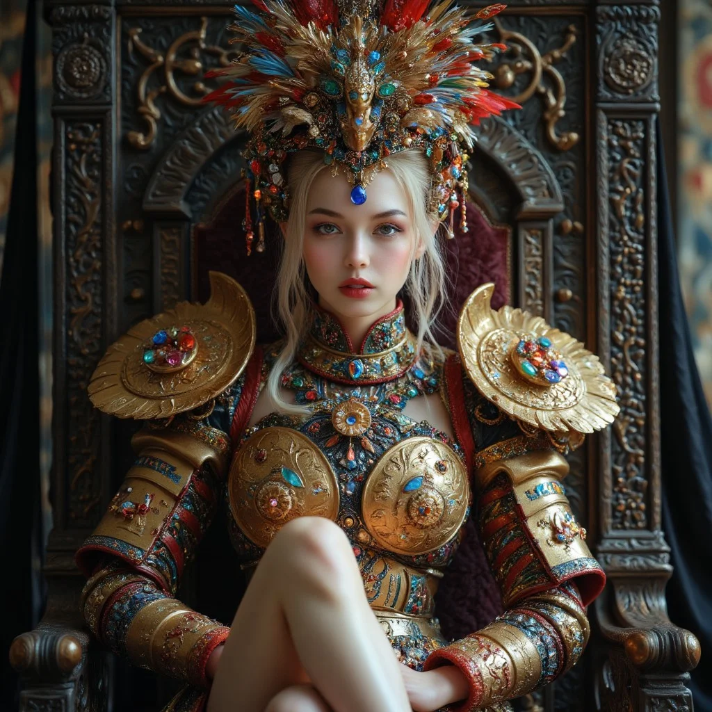 Create an image of an extremely beautiful Chinese woman, wearing a golden crown adorned with colorful gemstomes and jewels and intricate, ornate steel armor. The woman is sitting on an old, ornate throne. The image showcases her natural beauty, focusing on her flawless skin and delicate features. Her blonde hair is styled in an intricate and unique fashion, adding to her ethereal and timeless aura. The lighting enhances her features, creating a soft interplay of light and shadow, while the high-resolution quality captures every detail with photorealistic clarity. Midjourney_Whisper
