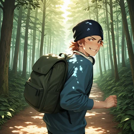 masterpiece, best quality, amazing quality, absurdres, newest, detailed background, definition so sharp, Ultra-HD, 8K cinematic, very awa, impressionate, amazing quality, highres,
solo, male focus, manly,
1boy, short hair, beanie, headphone around neck, misaki_orange hair, misaki_brown eyes, misakiyata, backpack, forest path, sunlight through trees, dappled light, sense of wonder, exploration, carefree, playful, running, looking back, mischievous grin,