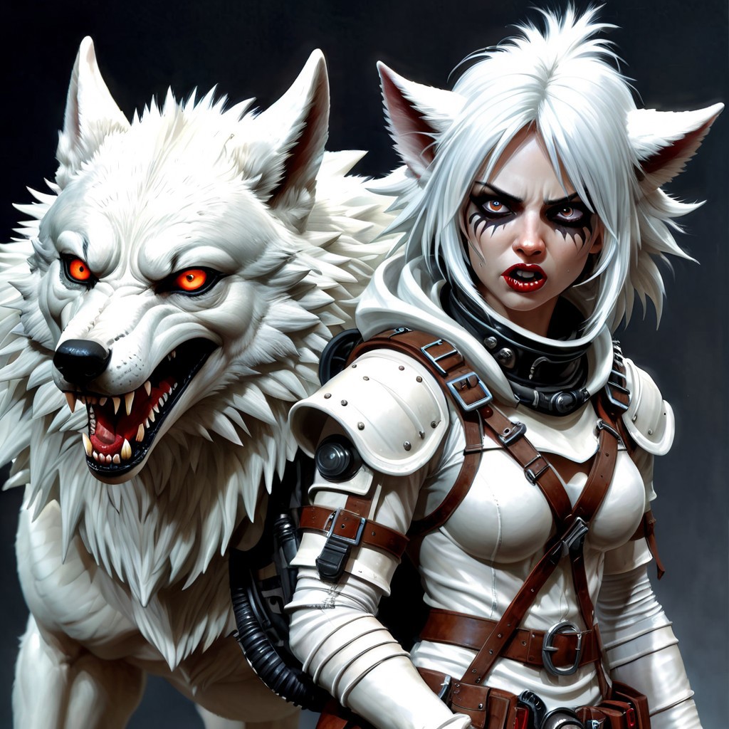 Photorealistic art of a wolf girl dressed in adventuring gear with a white wolf in the background, wisosdxl, wolf, snarl, snarling, ears back, ears forward, intense gaze, tongue out, black, white, basilwolverton style, grotesque, spaghetti hair, bulging eyes, skin folds, veins, large teeth, bloodshot eyes, mad-stpk-ggls, mad-stpk-flcp, mad-stpk-ht, mad-mecharm, John Berkey Style page, KIRIGAMI page, linquivera, liiv1, g1g3r