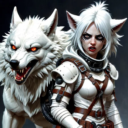 Photorealistic art of a wolf girl dressed in adventuring gear with a white wolf in the background, wisosdxl, wolf, snarl, snarling, ears back, ears forward, intense gaze, tongue out, black, white, basilwolverton style, grotesque, spaghetti hair, bulging eyes, skin folds, veins, large teeth, bloodshot eyes, mad-stpk-ggls, mad-stpk-flcp, mad-stpk-ht, mad-mecharm, John Berkey Style page, KIRIGAMI page, linquivera, liiv1, g1g3r