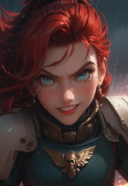 1girl, solo, 24 year old woman, large build, running:1.4, beautiful, long hair, dark red hair, freckles:1.4, face uplifted:1.6, looking up, looking at the sky, earrings, (fierce) grin:1.5, crying:1.5, teeth clenched:1.4, angry smile:1.5, wide hips, knight armor:1.5, heavy armor, gauntlets, greaves, bright blue eyes, rain falling on her face:1.5, tan skin, tears on chin, tears on cheeks, action pose:1.3,

dusk, after battle, muddy field, some grass, fallen soldiers around her:1.4, storming, dark gray sky, dark sky:1.4, streaming banners, battlefield, intense rain:1.3, dreary, raining, overcast, mountains and hills in the background,

score_9, score_8_up, score_8, masterpiece, best quality, official art, extremely detailed, CG unity 8k wallpaper, absurdres, high definition, photorealism:1.5, detailed shading, high contrast, ambient occlusion, vivid colors:1.5, saturated colors:1.6, 

dynamic angle:1.3, cowboy shot:1.6, cinematic, from above:1.3,

expressiveh, whites40k, tears, 