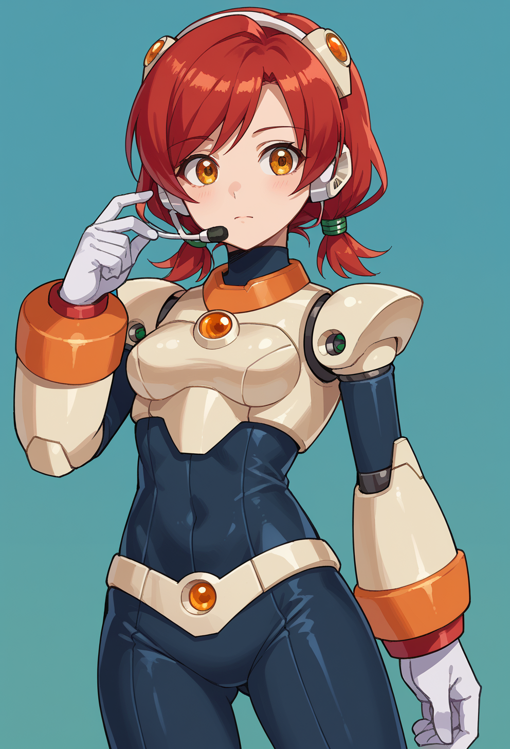 score_9, score_7_up, source_anime, solo, BREAK  <lora:Reploid_v2.0:0.8> megamanreploid, android, gloves, white gloves, armor, bodysuit, robot ears, headset,, solo, 1girl, red hair, orange eyes, amber eyes, tsurime, swept bangs, parted bangs, low twintails, short hair, medium hair, small breasts,