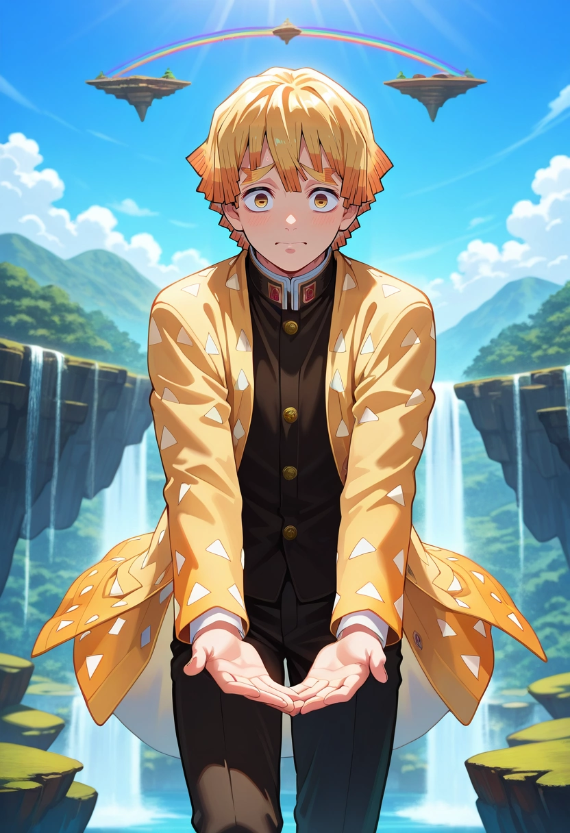 masterpiece, best quality, intricate details, semi-realistic, looking at viewer, , 1boy, solo, male focus, <lora:zenitsu_agatsuma_ilxl:0.9>, zenitsu_agatsuma, blonde hair, yellow eyes, short hair, bangs, floating islands, waterfalls, rainbow bridges, flying creatures, balancing pose, thrilled expression, afternoon,