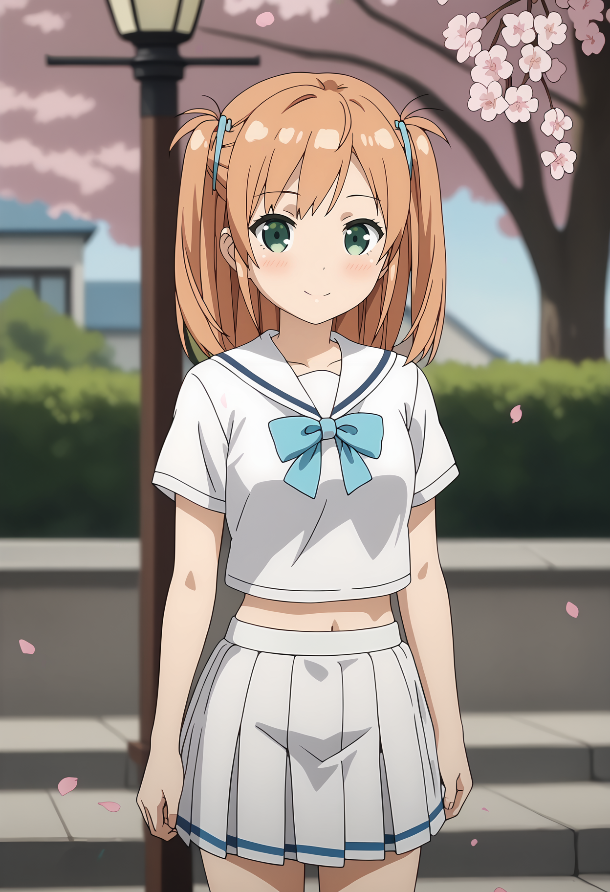 anime screencap,
<lora:OneRoom_NanahashiMinoriXL:0.9>,
1girl, solo, closed mouth, light smile, blush,
two side up, orange hair, green eyes, hairclip,
MinoriCasual, white sailor collar, white shirt, midriff, blue bowtie, short sleeves, pleated skirt, white skirt,
cowboy shot, standing, looking at viewer,
petals, cherry blossoms, street lamp, outdoors, blurry background