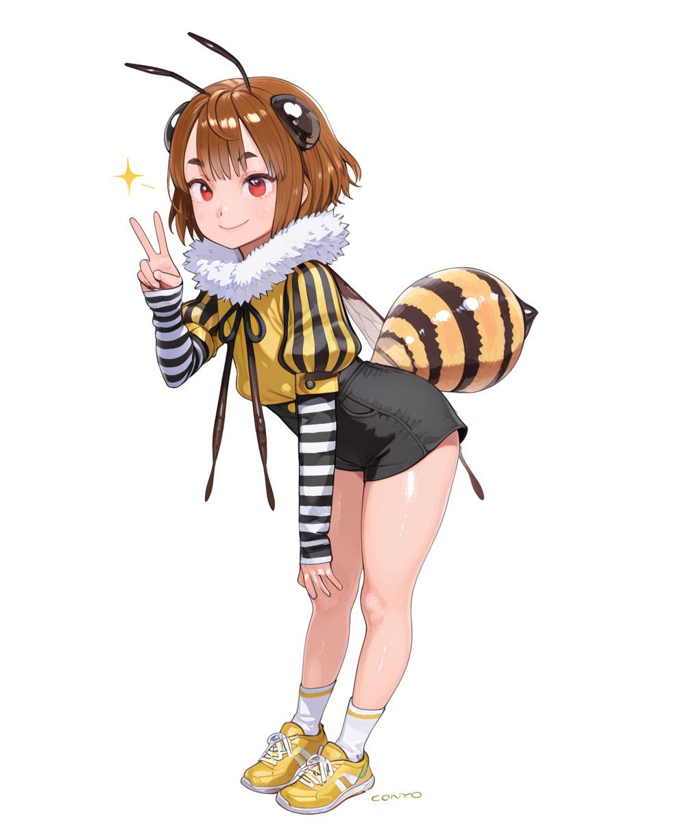 <lora:conto:1> conto,
(masterpiece), (best quality), (ultra-detailed), amazing quality, very aesthetic, illustration, perfect composition, intricate details, absurdres, incredibly absurdres, shiny skin, realistic,
 conto, 1girl, black , arthropod girl, solo, antennae, v, brown hair, smile, looking at viewer, white background, socks, yellow footwear, full body, striped sleeves, simple background, short hair, fur collar, brown eyes, , puffy sleeves, long sleeves, shorts, striped clothes, closed mouth, black shorts, thick eyebrows, tail, red eyes, shoes, sensitive