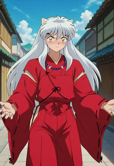 masterpiece, best quality, intricate details, anime screencap, anime coloring, , , , 1boy, solo, male focus, <lora:inuyasha_ilxl:0.92>, inuyasha, white hair, yellow eyes, animal ears, dog ears, long hair, necklace, jewelry, , red kimono, fingernails, sharp fingernails, cowboy shot, town, suburbs, day, sunny, spread arms, shy, blush,
