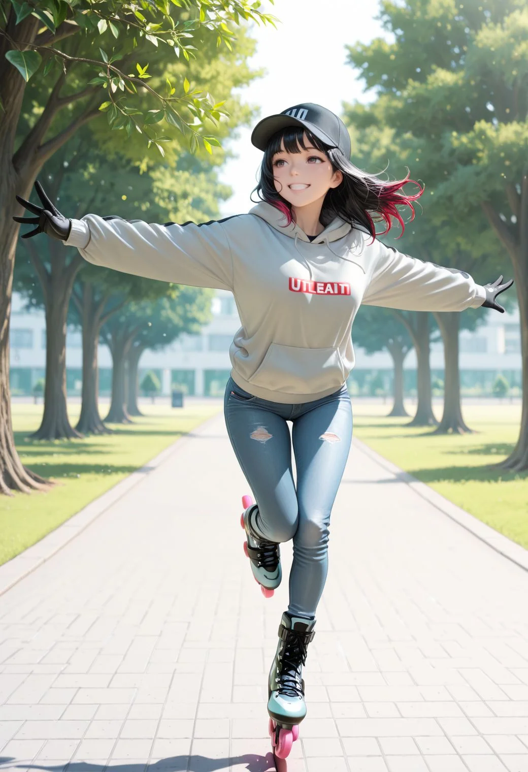 SmoothNoob_Quality, beautiful and intricate hair, high-res, beautiful aesthetic, very intricate, high quality details, 1girl, black hair, boots, gloves, hoodie, jeans, pants, cap, solo, running, inline skates, park, grin, outstretched arms,