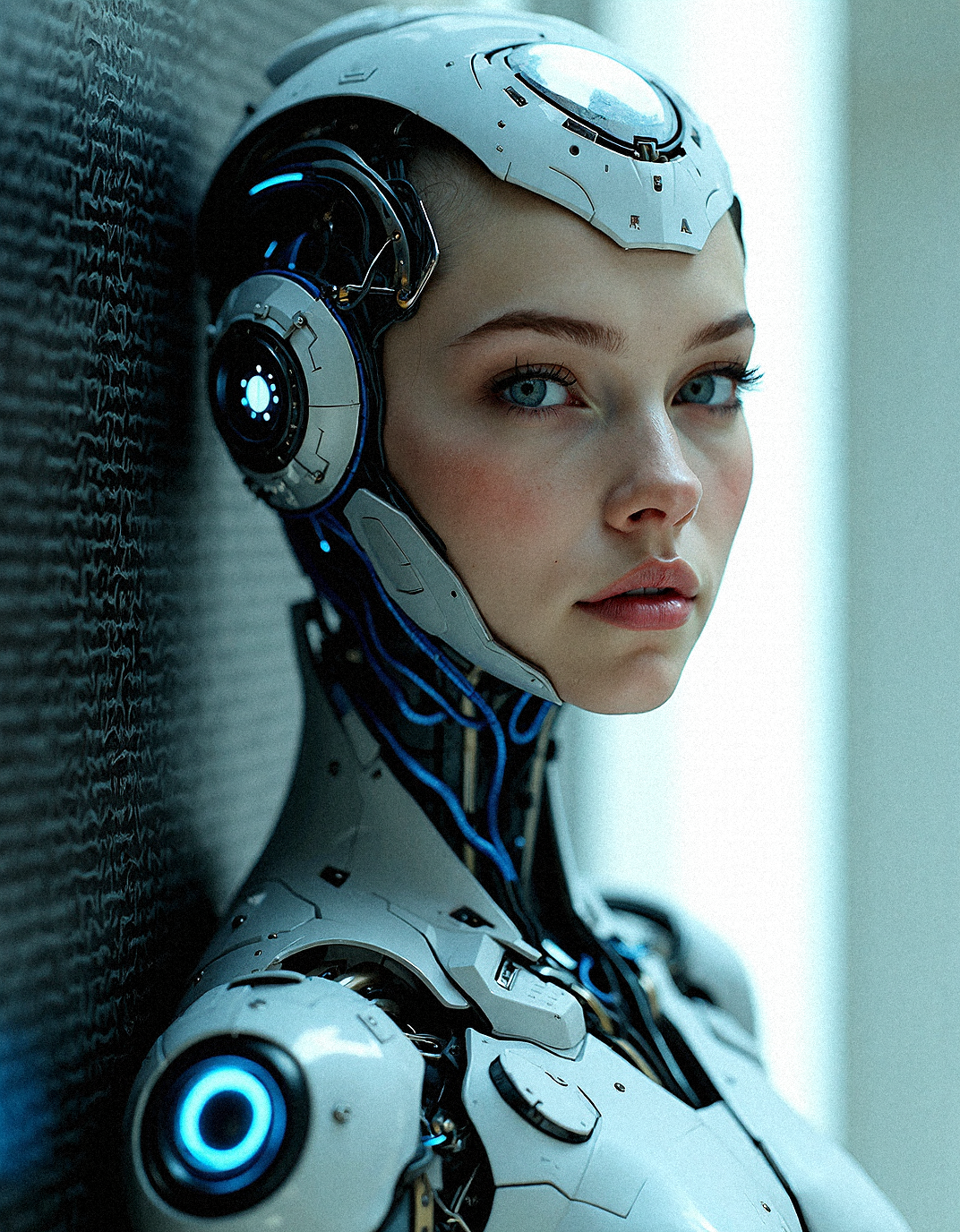 Imagine a hyper-detailed portrait of a female android with meticulously crafted cybernetic features, integrating advanced materials that exhibit both strength and flexibility. Her face is a blend of human softness and mechanical precision, with metallic components and intricate wiring interwoven into her skin. Her eyes, shaded with a deep blue, glow with a subtle but intense light, reflecting intelligence and a sense of purpose. Her head and neck are adorned with silver and blue metal plating that is sleek, polished, and connected by thin, woven wires. Along her jawline and forehead, micro-wires are elegantly arranged, hinting at both functionality and beauty. The background showcases a highly textured, carbon-fiber-like material with wave-like patterns, symbolizing the advanced technology that is part of her being. These textures seem to merge with her armor, suggesting a seamless fusion of body and material. The lighting emphasizes the curvature of her metallic parts, casting gentle shadows that bring depth to her features. This image represents a futuristic concept where artificial beings embody both strength and grace, transcending the traditional boundaries of human and machine.

Leaning against the wall with both hands behind her back, her body slightly turned, as she gazes softly at the viewer.
