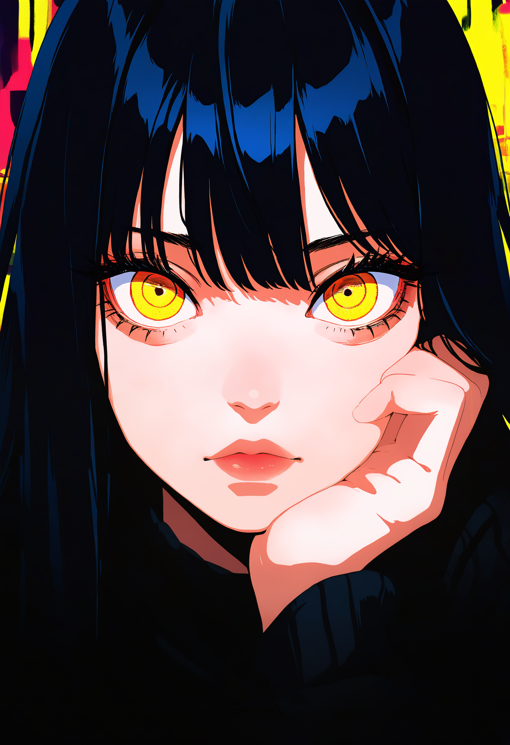 masterpiece, best quality, good quality, very awa, very aesthetic, absurdres, newest, 1girl, solo, long_hair, looking_at_viewer, black_hair, closed_mouth, yellow_eyes, eyelashes, lips, portrait, close-up, head_rest, red_lips, ringed_eyes, hand_on_own_chin, <lora:ponyv6_noobV1_2_adamW-000017:0.7> <lora:MeMaXL4:0.8> <lora:Lofi_style:0.4>