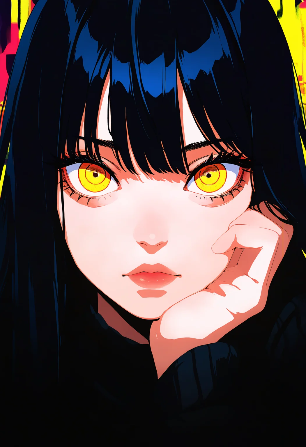 masterpiece, best quality, good quality, very awa, very aesthetic, absurdres, newest, 1girl, solo, long_hair, looking_at_viewer, black_hair, closed_mouth, yellow_eyes, eyelashes, lips, portrait, close-up, head_rest, red_lips, ringed_eyes, hand_on_own_chin, <lora:ponyv6_noobV1_2_adamW-000017:0.7> <lora:MeMaXL4:0.8> <lora:Lofi_style:0.4>