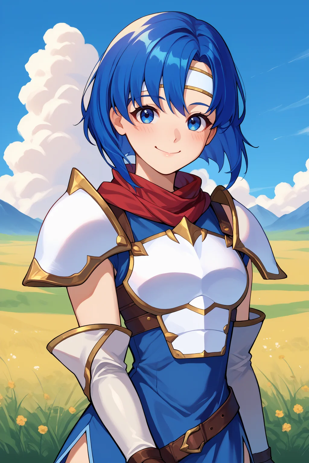 score_9, score_8_up, score_7_up, score_6_up, source_anime, 1girl, solo, <lora:fecatria-pdxl-nvwls-v1-000006:1> dfCtra, blue hair, medium hair, blue eyes, white headband, white armor, sleeveless dress, blue dress, shoulder armor, red scarf, brown belt, long gloves, white gloves, blue thigh boots, looking at you, blue sky, mountains, field, clouds, upper body, portrait, smile, happy, closed mouth, blush