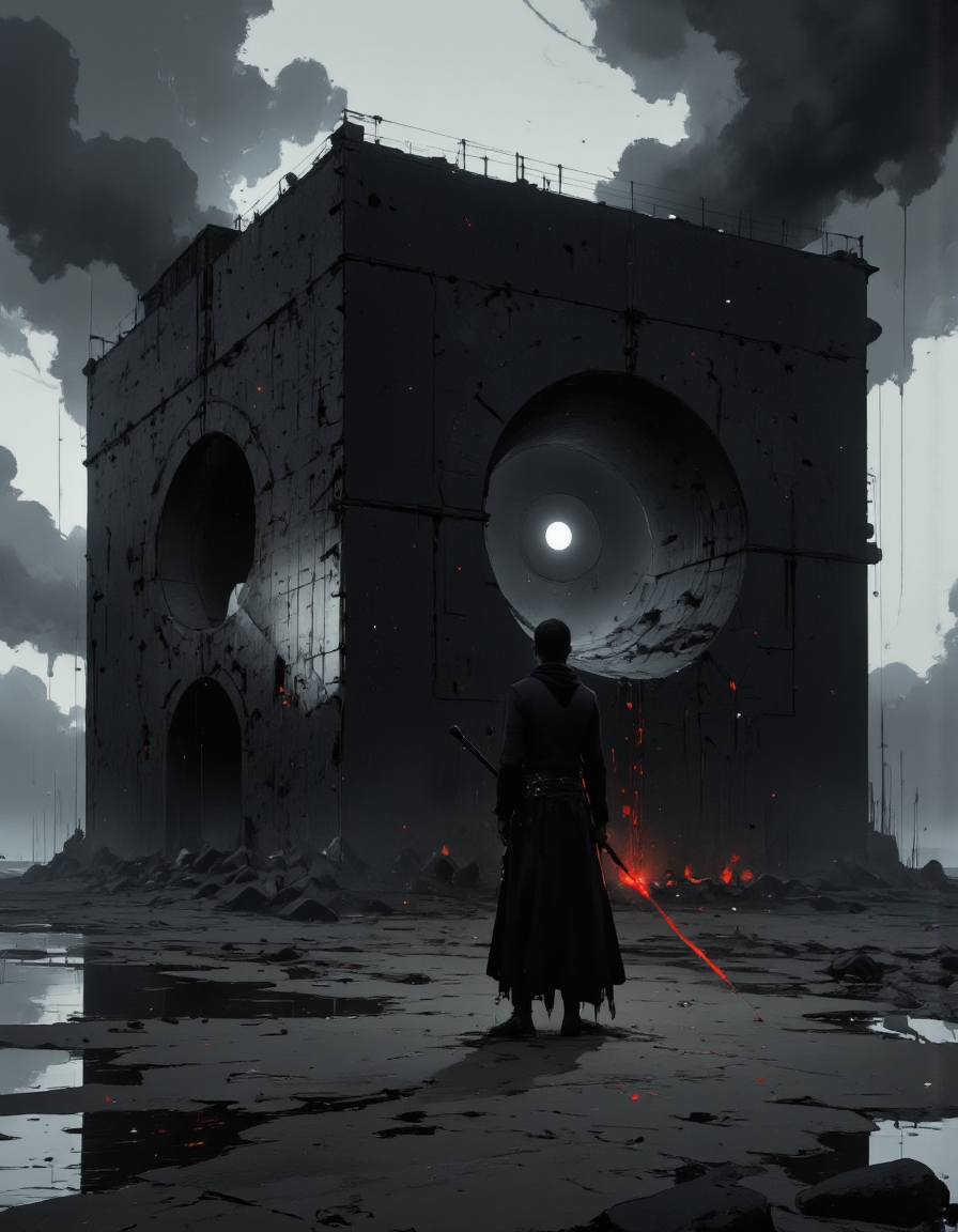 A highly detailed cinematic photography.
arafed image of a man standing on the beach with a large black cube, in style of beeple, metahuman, inspired by Ryūsei Kishida, deep dark universe, nightmare anomalies, dark building, six sided, concept image, the energy is released, the cube
Niji style.