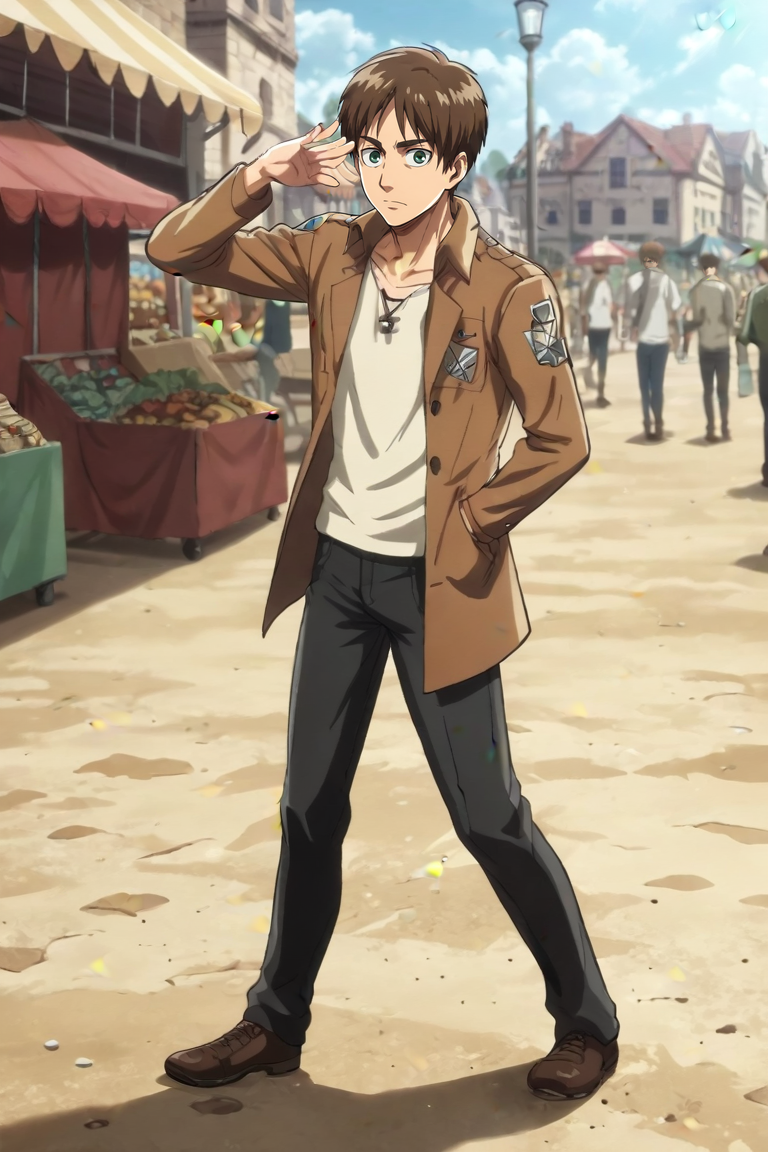 score_9, score_8_up, score_7_up, score_6_up, score_5_up, score_4_up, BREAK source_anime, (best quality:1.1), (masterpiece:1.4), , full body, , 1boy, solo, male focus, <lora:Eren_Yeager_PonyXL:0.9>, eren_yeager, brown hair, green eyes, sport coat, , market, One hand raised, seeking attention, <lora:sdxl_lightning_8step_lora:1>