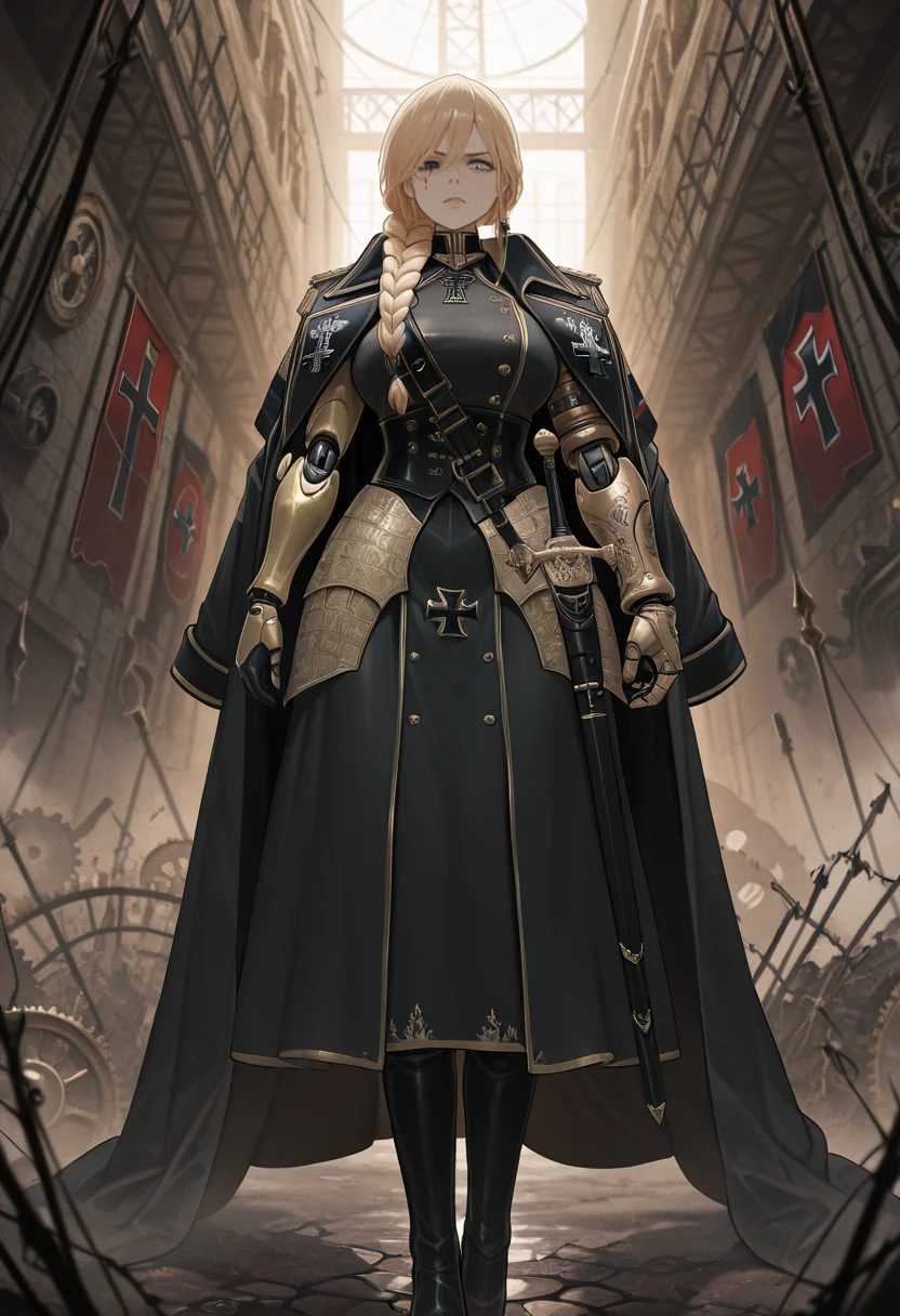 masterpiece, best quality, amazing quality, very aesthetic, absurdres, newest, realistic,
1girl, mature woman, long braided hair, blond hair, steel blue eyes, pale skin, serious expression, military coat with gold trim, black corset, Iron Cross medal, Prussian eagle emblem, tight black gloves, jackboots, armored skirt, industrial background, gears and steam, old train, Gothic spires, black red gold flag, fallen reich eagle, barbed wire, roses in ash, ceremonial sword sheathed, blood-stained gauntlet, mechanical arm detail, flame in one eye, restrained power, fog, cold lighting with fire accents, philosophical, tragic and strong, looking at viewer, curvy, <lora:Dishwasher_1910_Style-IL:1> pkdish