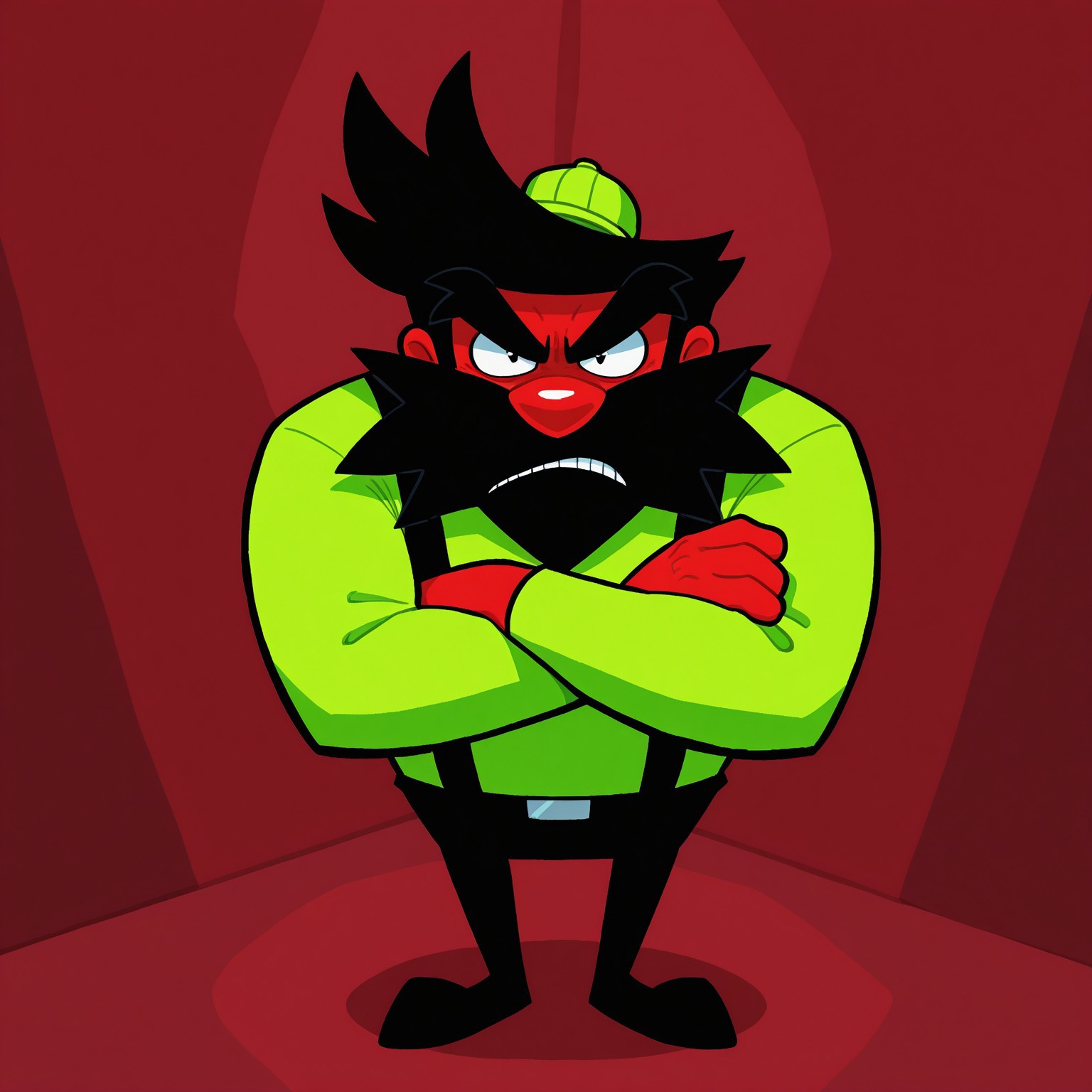 Anton, 2d, human, man, red skin, red body, black pupils, lime green shirt, long sleeves, small lime green hat, black pants, black suspenders, black hair, scruffy long black beard, black eyebrows, big red nose, small legs, broad shoulders, cartoon style

BREAK frown, upper body focus, arms crossed, looking at viewer, irritated 

BREAK best quality, amazing quality, very aesthetic, absurdres, newest