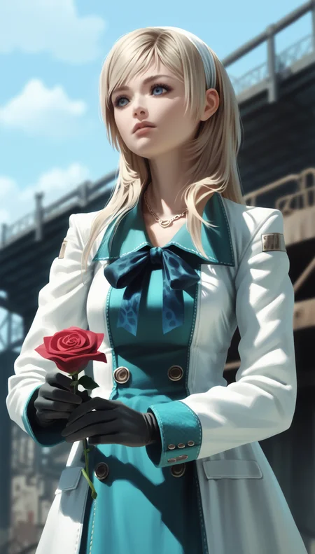 score_9,score_8_up,score_7_up,
<lora:Leanne:0.9>,
highres,photorealism,
1girl, solo, blonde hair, long hair, bangs, white hairband, dark blue neck ribbon, blue eyes, looking ahead, parted lips, white coat with teal accents, necklace, black gloves, portrait, from below, holding rose, outdoors, steampunk theme, construction, bloom