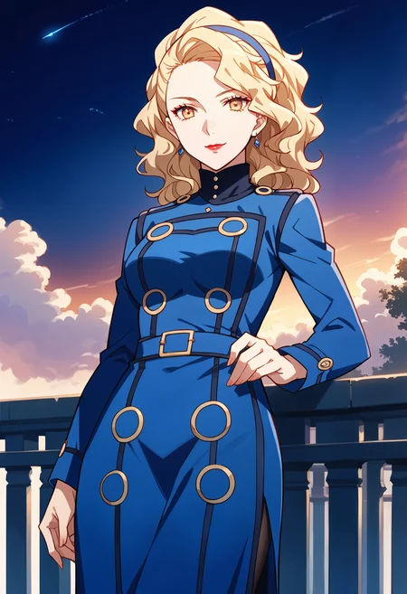 (score_9, score_8_up, source_anime, masterwork, masterpiece, best quality, hyper-detailed :1.1),
1 girl, solo,
p4margaret, yellow eyes, blonde hair, wavy hair, headband, lipstick, makeup,
p4margaret_velvet, dress, long dress, pencil dress, blue dress, long sleeves, pantyhose, black pantyhose,
looking at viewer, faint smile,
