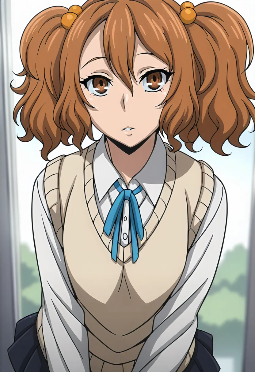 <lora:eruzanakanishi-illu-v4:0.8>, eruzanakanishi, 1girl, looking at viewer, twintails, hair ornament, school uniform, sweater vest, blue ribbon, skirt, masterpiece, best quality, newest, absurdres, very aesthetic