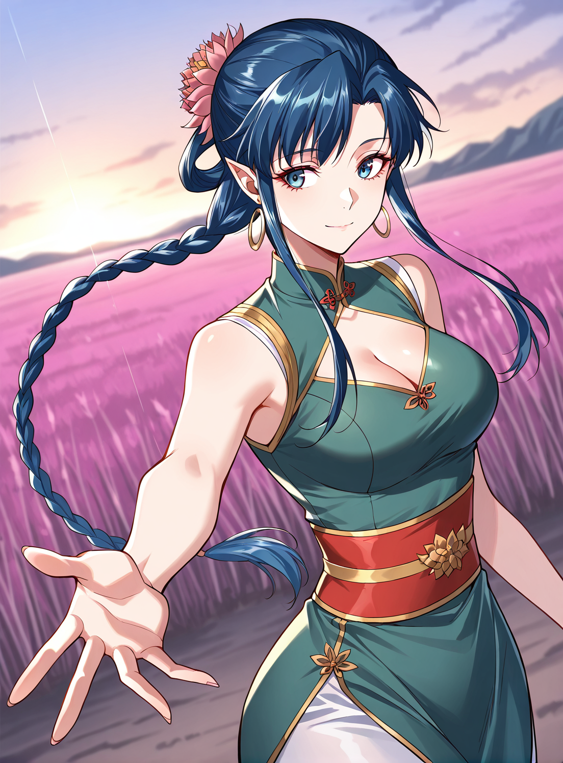 <lora:Jun_Yao:1>
1 girl, solo, blue eyes, blue hair, long hair, braid, braided ponytail, single hair bun, bangs pointy ears
chinese clothes, green dress, hair flower, hair ornament, sleeveless, hoop earrings, cleavage, clothing cutout, cleavage cutout
score_9, score_8_up, score_7_up, very aesthetic, source_anime, detailed, high quality, beautiful, masterpiece, detailed eyes, field, blurry background, pose dynamic angle, upper body, cowboy shot, light smile, looking back, reaching out, floating hair