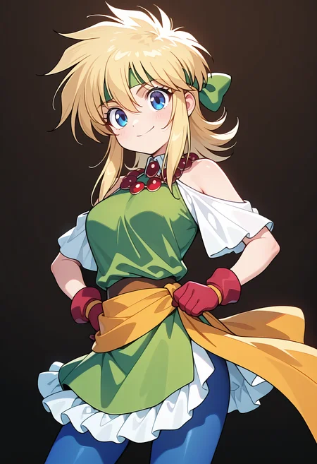 masterpiece, best quality, amazing quality, 1girl, solo,
<lora:rubette_la_lette_v01:0.9>, rubette_normal, blonde hair, medium hair, sidelocks, hair between eyes, blue eyes,
green headband, jewelry, beads, bead necklace, green dress, bare shoulders, red gloves, waist bandana, blue pantyhose, smile, posing, upper body