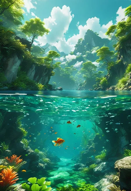 (ultra high res:1.4), (masterpiece), (beautiful lighting:1.4) , lush green forest, Mountains, Bright sunlight illuminates the crystal-clear water, (deep underwater), anime, half above water and half below water, (clear underwater), beautiful sky with clouds and smoke, tropical fish, depth