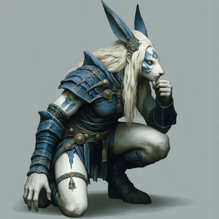 MikeFranchinastyle, Surreal art, d4artstyle, d4concept, , made of clay, aidmaMJ6.1, ZBClay model of a gray sculpture, Kentaro Miura, berserk style, ral-mold
a crouching anthropomorphic rabbit character with a blend of fantasy and warrior themes. This character has tall, expressive white rabbit ears and long, flowing platinum blonde hair that frames their intense golden eyes. They wear a dark, intricately detailed outfit with armor-like patterns, blending dark leather with silvery embellishments. Blue markings on their skin accentuate the character's fierce and mystical aura, while patches of darker fur on the cheeks give them a unique appearance.
The attire includes a fitted jacket with silver filigree on the sleeves and shoulders, paired with thigh-high white stockings and sturdy, clawed boots. The character's posture is contemplative, with one hand supporting their chin, enhancing their mysterious and introspective demeanor. The overall color palette features soft whites, deep grays, and metallic highlights, suggesting a character who is both graceful and powerful.
Background solid color with a faded dimly lit, black-covered darkness tone that emphasizes its silhouette. The medium is not a traditional painting or illustrative medium like watercolor or ink but rather a digital rendering, eerie and unsettling.