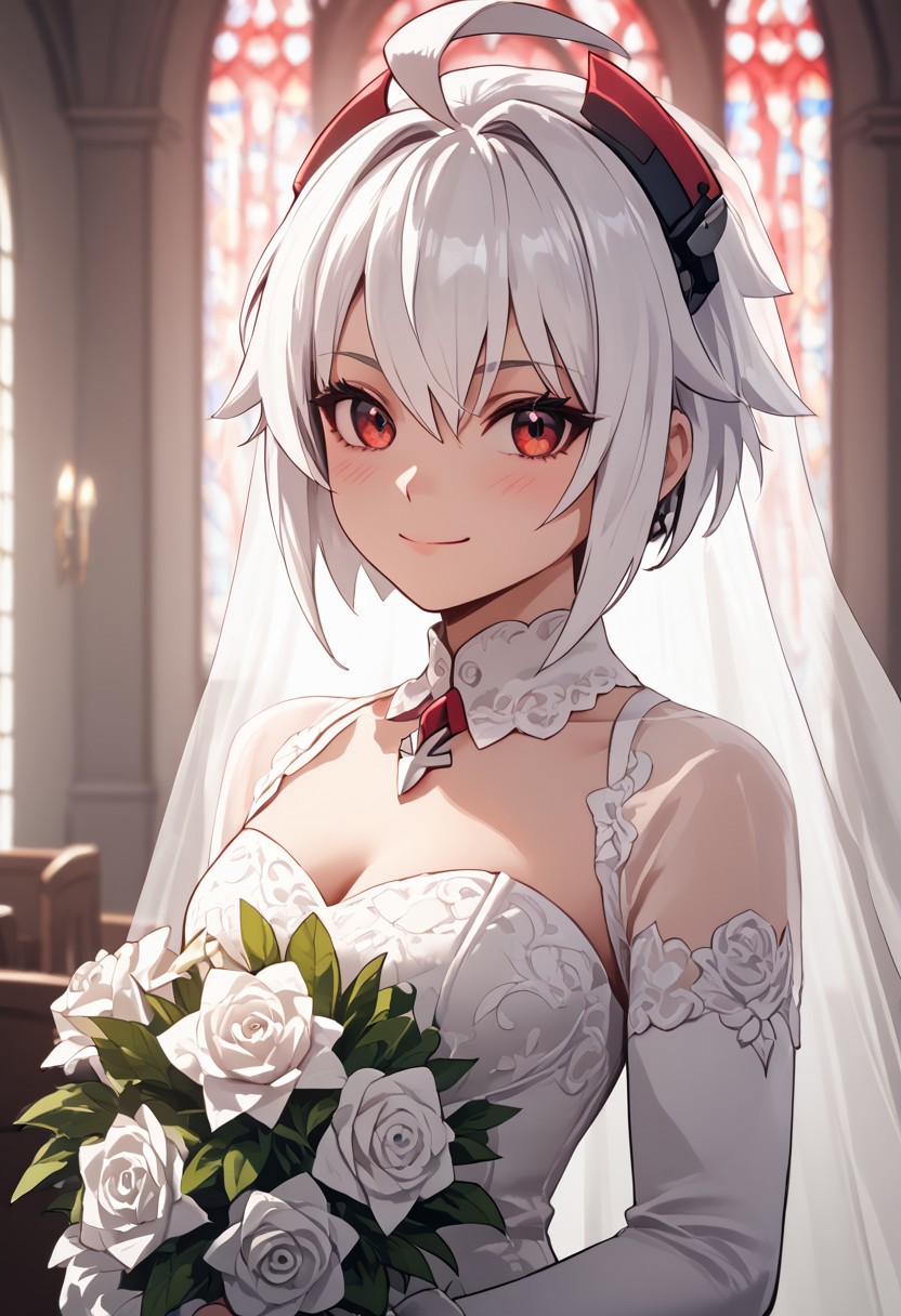 score_4,score_5,score_6,score_7_up,score_8_up,score_9 ((masterpiece,best quality,ultra detailed,highres,HD,4k:1.2)), 
Copen(GV),white hair, ahoge, short hair,sidelocks,red eyes, dark eyes,highlight off,Eyes without highlights,head gear,
((wedding dress, wedding veil:1.1)),bouquet, wedding ceremony, church,
looking at viewer,happy,light smile,blush,closed mouth,