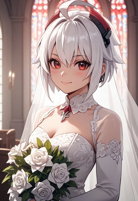 score_4,score_5,score_6,score_7_up,score_8_up,score_9 ((masterpiece,best quality,ultra detailed,highres,HD,4k:1.2)), 
Copen(GV),white hair, ahoge, short hair,sidelocks,red eyes, dark eyes,highlight off,Eyes without highlights,head gear,
((wedding dress, wedding veil:1.1)),bouquet, wedding ceremony, church,
looking at viewer,happy,light smile,blush,closed mouth,