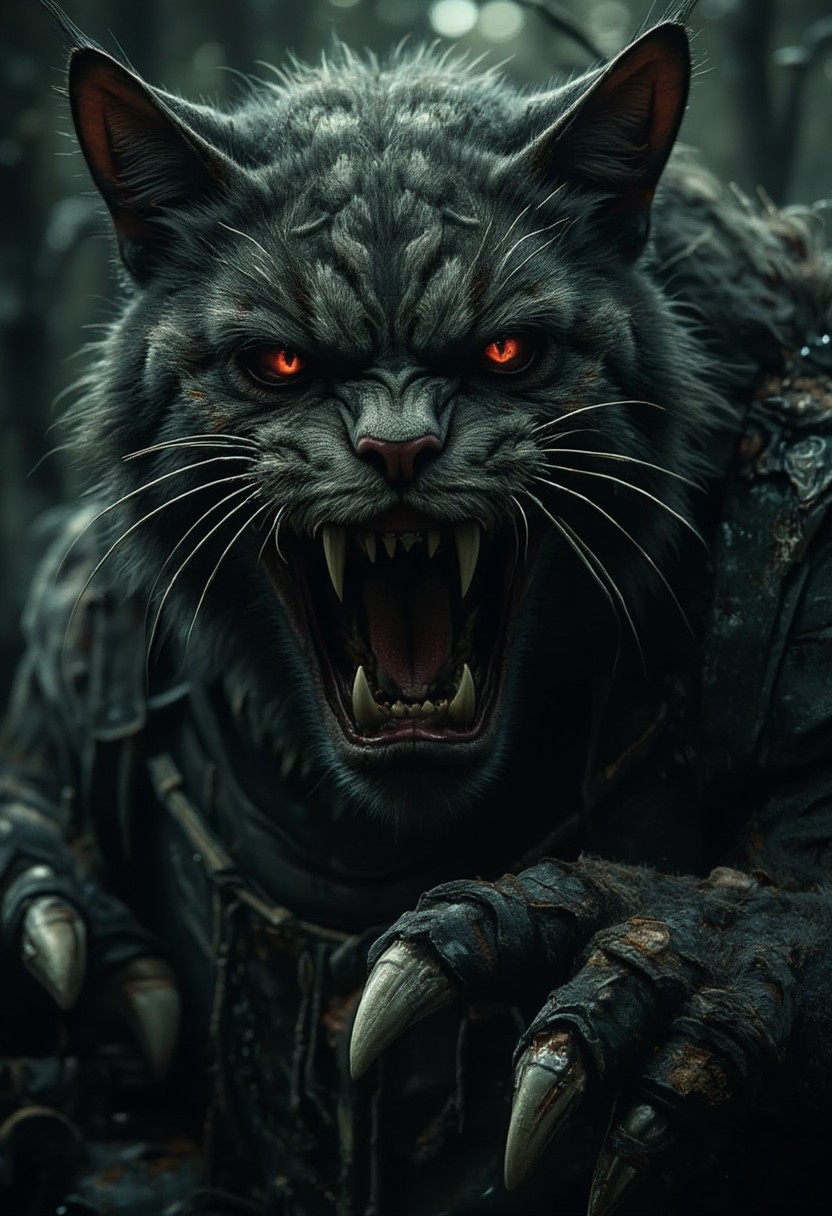 A giant cat monster with large claws and torn clothes, in a dark haunted forest, face coming close to the viewer with glowing red eyes. Teeth exposed with drool,horror show, monster, nightmare,  fear