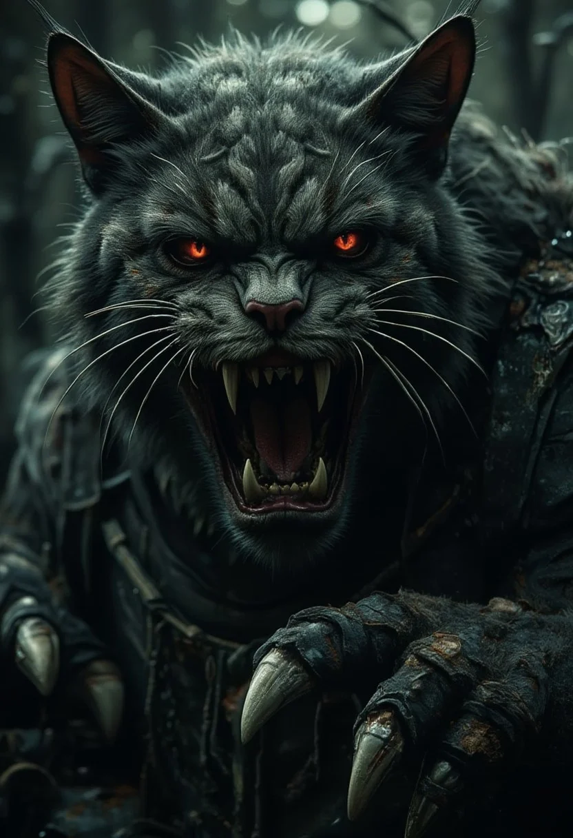 A giant cat monster with large claws and torn clothes, in a dark haunted forest, face coming close to the viewer with glowing red eyes. Teeth exposed with drool,horror show, monster, nightmare, fear