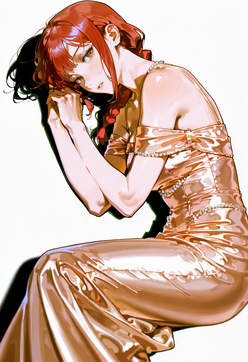 1girl,solo,looking at viewer, echo (circa), mbc dress, satin dress, makima_(chainsaw_man)