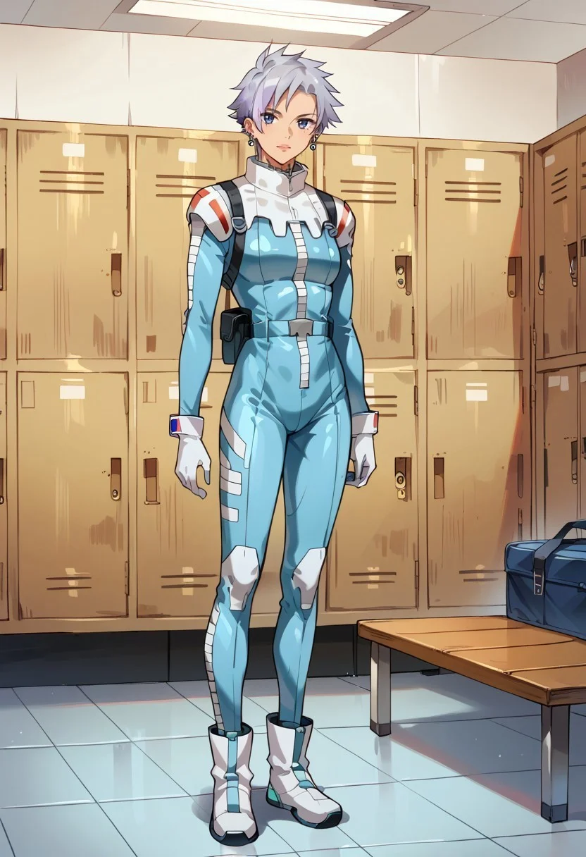 score_8, score_8_up, score_7_up, source_anime, 1girl, solo, female focus, Helena_CF, silver hair, short hair, bangs, asymmetrical hair,  asymmetrical earrings, ear piercing, earrings, mole under eye, neck tattoo, normal suit, pilot suit, blue bodysuit, utility belt, white gloves, ankle boots, white footwear, full body, standing, looking at viewer, arms at side, indoors, locker room, locker, tile floor,