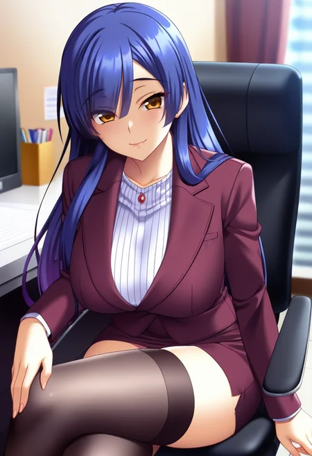 masterpiece, best quality, amazing quality,risako kashima, yellow eyes, blue hair, mature female, 1girl, solo, long hair, breasts,pencil skirt, large breasts, black thighhighs,suit,maroon jacket, maroon skirt, white shirt,closed mouth, light smile, sitting, crossed legs, looking at viewer, blurry background, indoors, office <lora:risako kashimaV1:0.9>