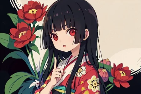 enma ai, hair down, hair black, bangs, eyes red, masterpiece, best quality, ultra-detailed, illustration, 1girl, solo, highres, photorealistic, ultra high res, (Original illustration composition), (fusion of limited color, Maximalism artstyle, kimono obi fashion, double exposure, background, illustration, Amazing, lily spider, night darkness, open one's mouth, finger, flowers red, (polychromatic peony:1.15), Movie poster,