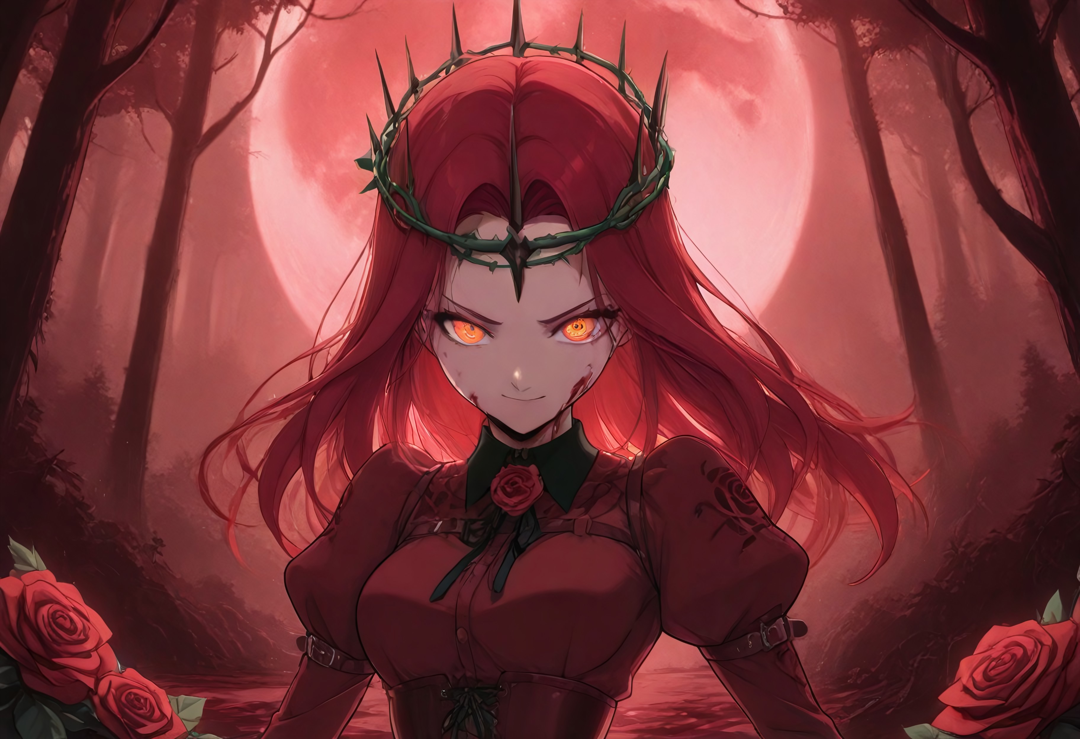 masterpiece, best quality, very aesthetic, absurdres, 1girl, solo, looking at viewer, downturned face, slight smile, red hair, long hair, glowing red-orange eyes, rust red dress, high collared burgundy shirt, long sleeves, rose patterns on puffy shoulder sleeves, collared dress, wide embroidered black lace collar with one large real red rose in the center, (black dead thorny circlet crown) of thorns on her head, corset with leather straps, thorny rose vines, detailed background, low-key, red haze, red roses, dark fantasy forest, blood moon behind the trees, dynamic pose