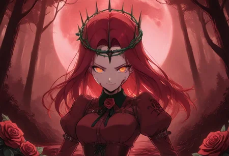 masterpiece, best quality, very aesthetic, absurdres, 1girl, solo, looking at viewer, downturned face, slight smile, red hair, long hair, glowing red-orange eyes, rust red dress, high collared burgundy shirt, long sleeves, rose patterns on puffy shoulder sleeves, collared dress, wide embroidered black lace collar with one large real red rose in the center, (black dead thorny circlet crown) of thorns on her head, corset with leather straps, thorny rose vines, detailed background, low-key, red haze, red roses, dark fantasy forest, blood moon behind the trees, dynamic pose
