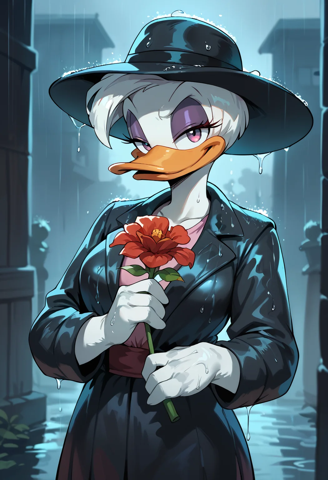 (embedding:Pony_PDXL_Negative_Embeddings\zPDXL2),dark background,daisyduckqp,furry female,holding red flower,holding black umbrella,looking at viewer,naughty_face,black jacket,black fedora,rain
