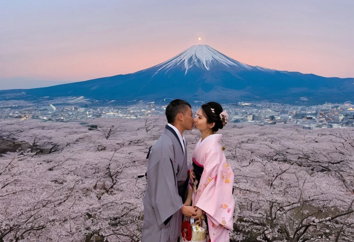romkiss, 1boy, 1girl, couple, kimono, samurai clothes, Mt Fuji, cherry blossoms, sunset with glimpse of moon, best quality, high res