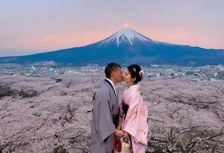 romkiss, 1boy, 1girl, couple, kimono, samurai clothes, Mt Fuji, cherry blossoms, sunset with glimpse of moon, best quality, high res