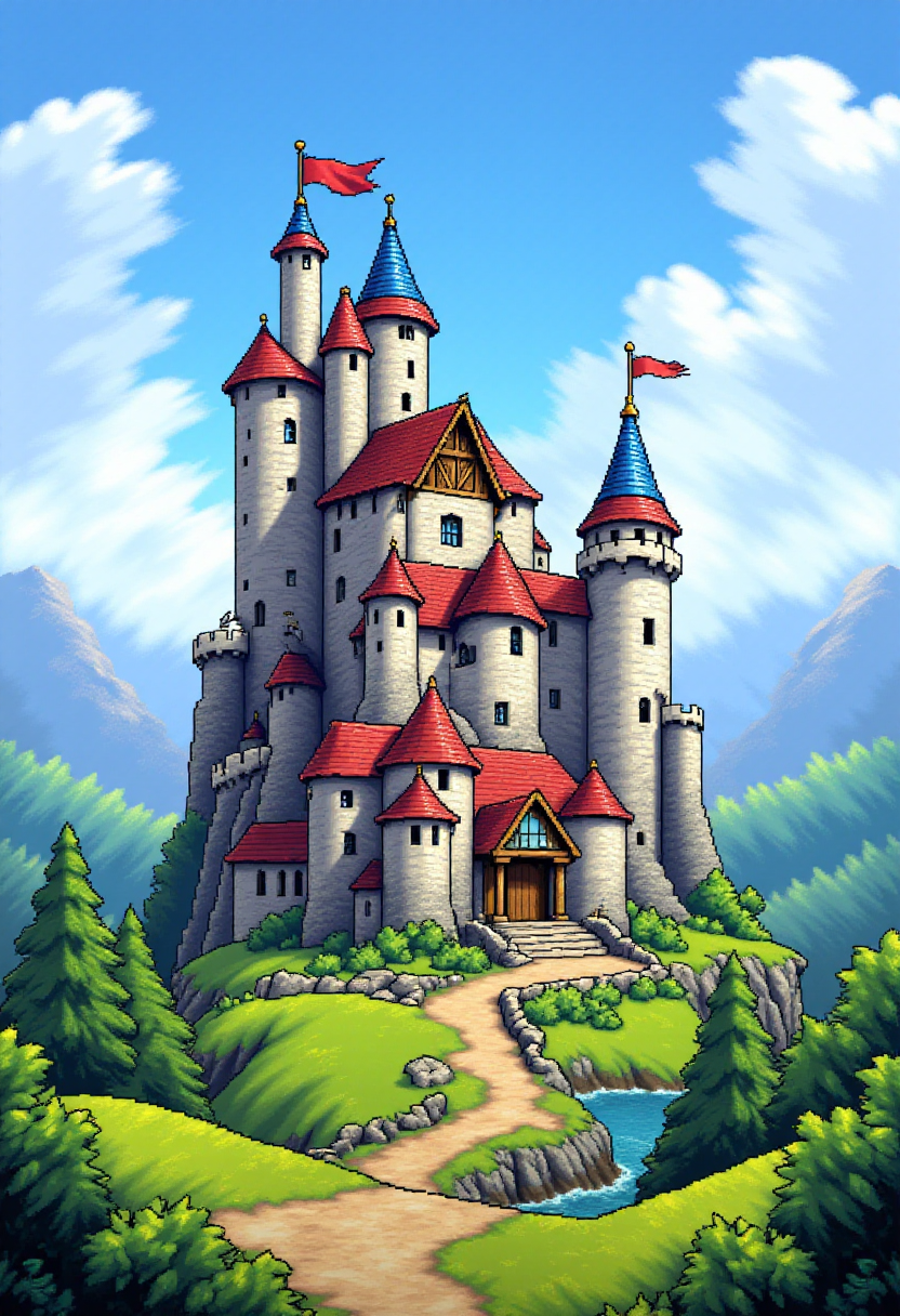 <lora:KFT_2d_Pixel_Style_FLUX-000017:1>
The image is a vibrant kftpxl pixel art illustration featuring    a medieval castle