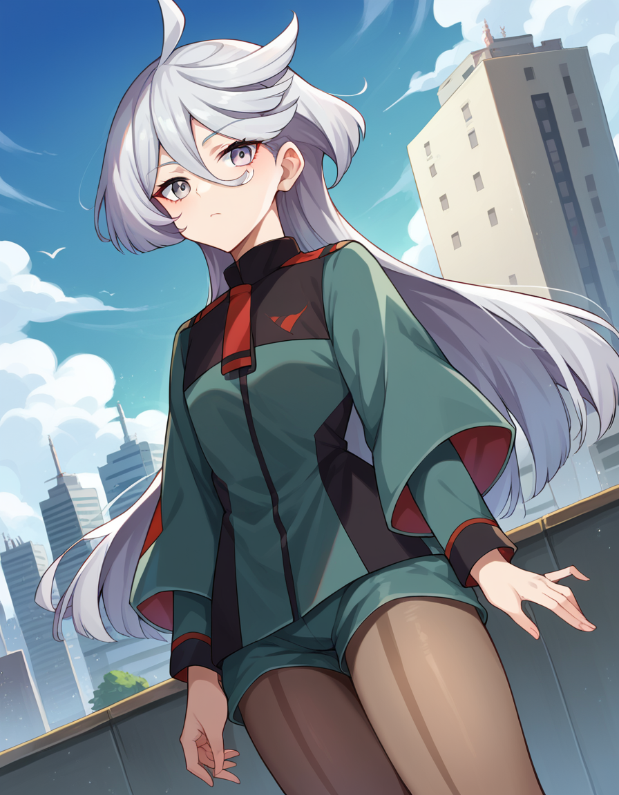 score_9, score_8_up, score_7_up, source_anime,
miorinerembran, <lora:miorine-rembran-ponyxl-lora-nochekaiser:1>,
miorine rembran, ahoge, grey eyes, grey hair, hair between eyes, long hair, swept bangs,
asticassia school uniform, front-seamed legwear, green jacket, green shorts, jacket, long sleeves, pantyhose, pantyhose under shorts, school uniform, seamed legwear, shorts, shoulder boards, swept bangs, wide sleeves,
outdoors, cityscape,
looking at viewer, dutch angle, cowboy shot,
