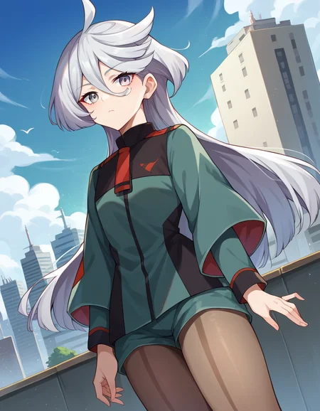 score_9, score_8_up, score_7_up, source_anime,
miorinerembran, <lora:miorine-rembran-ponyxl-lora-nochekaiser:1>,
miorine rembran, ahoge, grey eyes, grey hair, hair between eyes, long hair, swept bangs,
asticassia school uniform, front-seamed legwear, green jacket, green shorts, jacket, long sleeves, pantyhose, pantyhose under shorts, school uniform, seamed legwear, shorts, shoulder boards, swept bangs, wide sleeves,
outdoors, cityscape,
looking at viewer, dutch angle, cowboy shot,