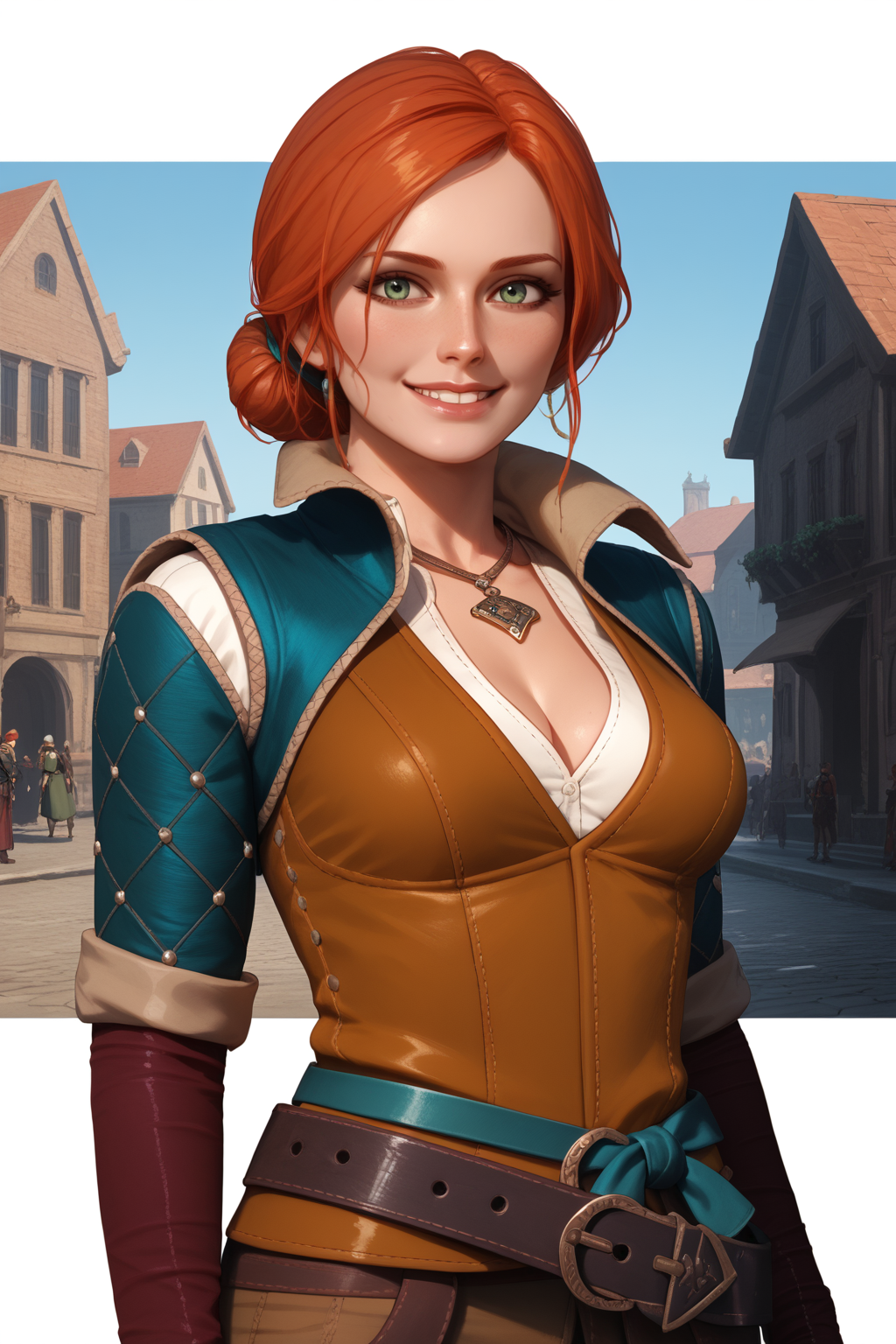 score_9, score_8_up, score_7_up, masterpiece, high quality
 <lora:TrissMerigoldPonyLoRA:0.8>TrssMeri, short hair, hair bun, necklace, cleavage, vest, shirt, bridal gauntlets, belt, green waistband, pants, smile, in a city, sunny