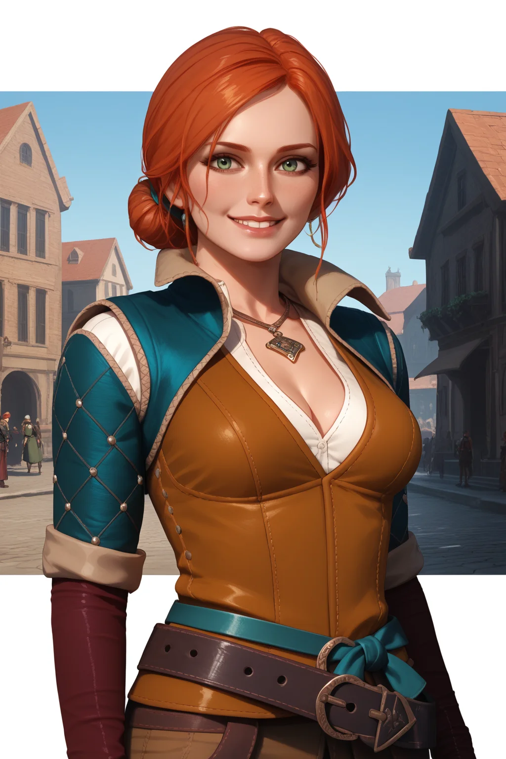 score_9, score_8_up, score_7_up, masterpiece, high quality
<lora:TrissMerigoldPonyLoRA:0.8>TrssMeri, short hair, hair bun, necklace, cleavage, vest, shirt, bridal gauntlets, belt, green waistband, pants, smile, in a city, sunny