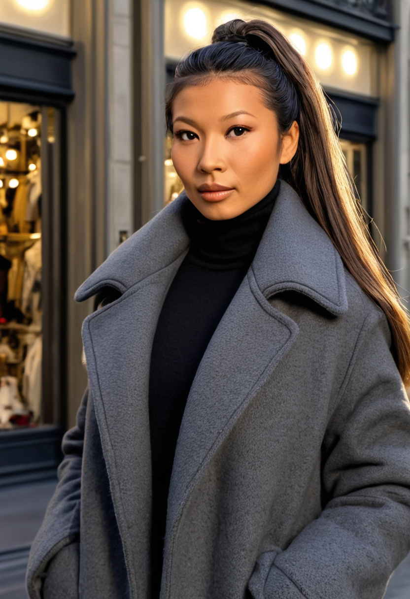 JadeWuDeville shopping in paris, she wears a dark grey outfit and a long furcoat, her expression is relaxed, her hair is down,
shot with s dutch angle, 
evening lighting, hyperrealistic, highly detailed photo, 8k resolution,