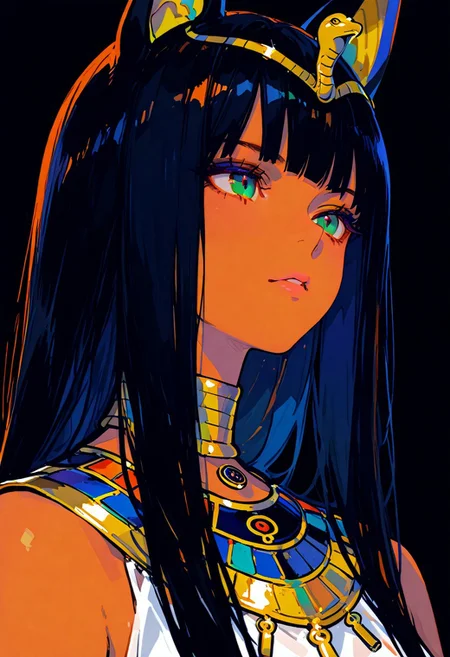 Close-up portrait of an Egyptian goddess of the night, in the style of Moebius and Yoji Shinkawa. The goddess has long hair with bangs and is wearing colorful Egyptian-style . The illustration is flat with bold lines and a color palette of yellow, black, blue, and orange, in an anime style.
easynegative, negative_hand, 748cmstyle, usnr