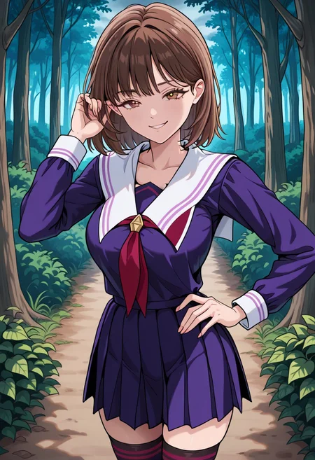bright colors, detailed background,, volumetric light, vivid colours, standing,
looking at viewer, outdoors, overcast, dark, forest, vines, ponypositive, solo, solo focus, open hand on hip, hand adjusting hair behind ear, single eyebrow lifted, smirk,
ioriyoshRL, 1woman, solo, brown hair, brown eyes, standing, smile, thighhighs, school uniform, purple serafuku,
best quality, hyper detailed, ambient stylish expressive lighting, absolutely eye-catching masterpiece, body extremely close-up view, (facing viewer), forward, face extremely close-up shot, chest focus, selfie,