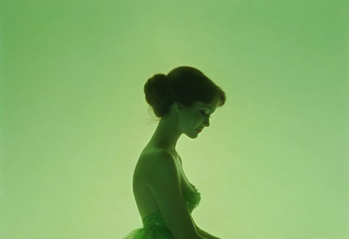 Czech fairy tale films, Old movie Style, 1970 czech, Three Wishes for Cinderella (1973), sideview, Silhouette, 
Vintage Burlesque Showgirl Sitting in huge luminous Green champagne glass,
, very Detailed, awesome Quality, reflecting, luminescent, translucent, Ethereal, Aura, Natural busty woman with freckles, smiling, without make-up, underboob, puffy nipples, giga_busty, 80s DARK dystopian Blade Runner Flair, dynamic Scene, very detailed, uhd, masterpiece, White smoke, light beams through smoke,